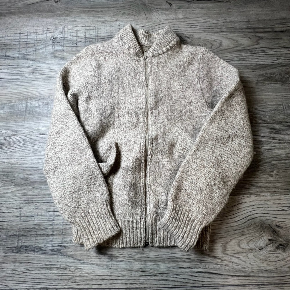 Woolrich Full Zip Cardigan Sweater Mens S Oatmeal Tan Marled Wool Mock Neck V42